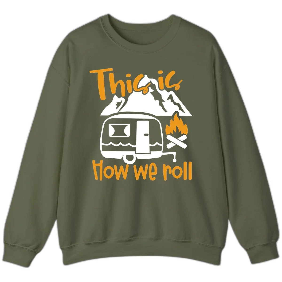 Vintage travel trailer with campfire and mountains, text reads 'This is how we roll' - camping lifestyle illustration in Military Green