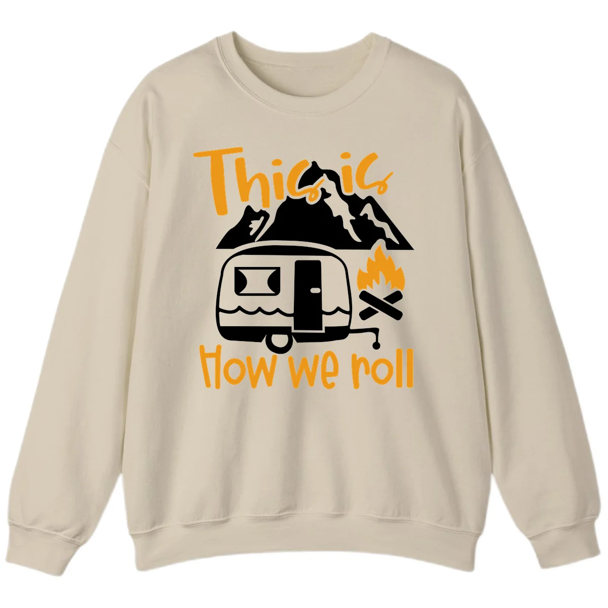 Vintage travel trailer with campfire and mountains, text reads 'This is how we roll' - camping lifestyle illustration in Sand