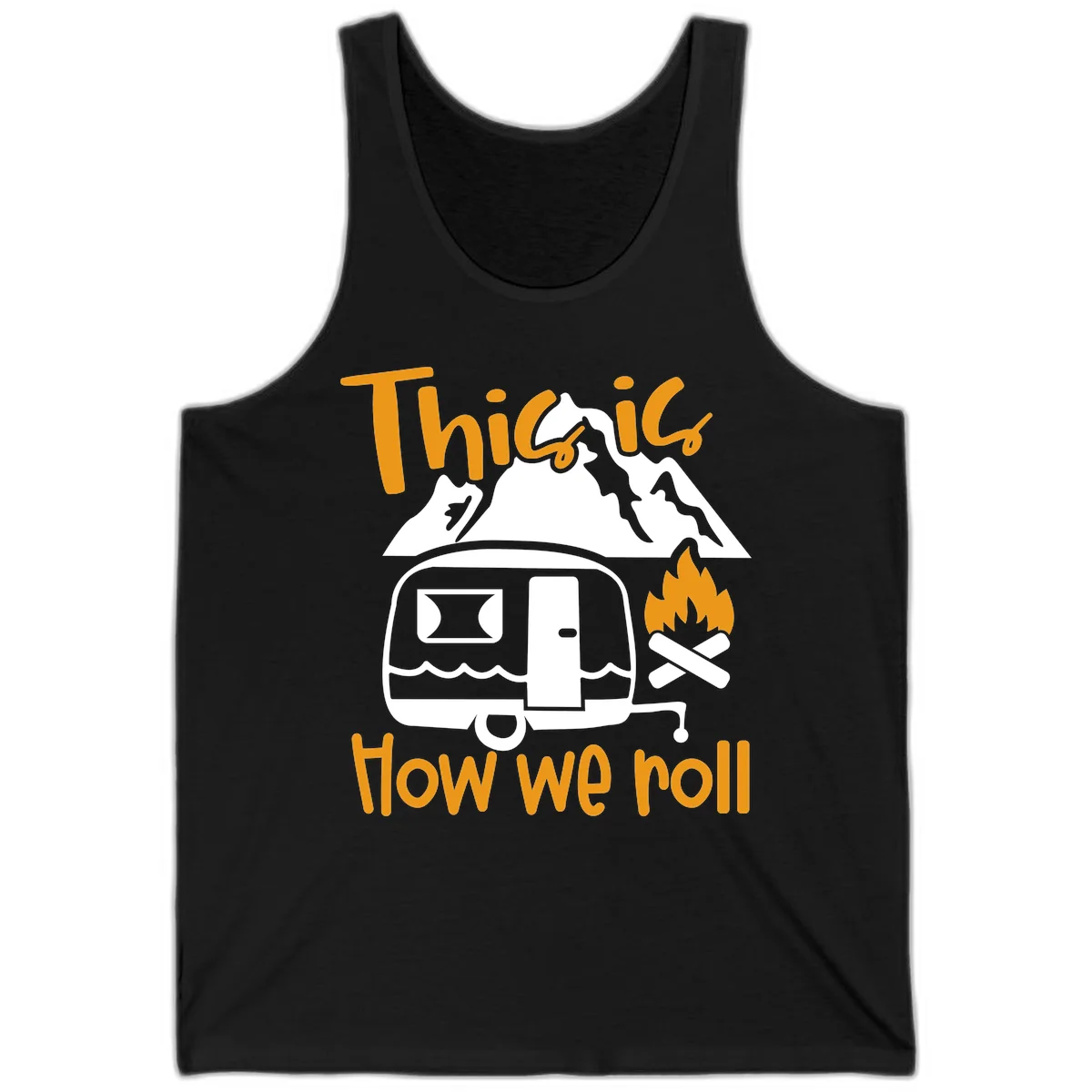 Vintage travel trailer with campfire and mountains, text reads 'This is how we roll' - camping lifestyle illustration in Black
