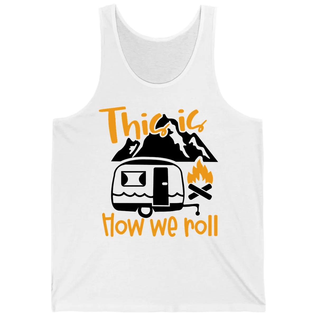 Vintage travel trailer with campfire and mountains, text reads 'This is how we roll' - camping lifestyle illustration in White