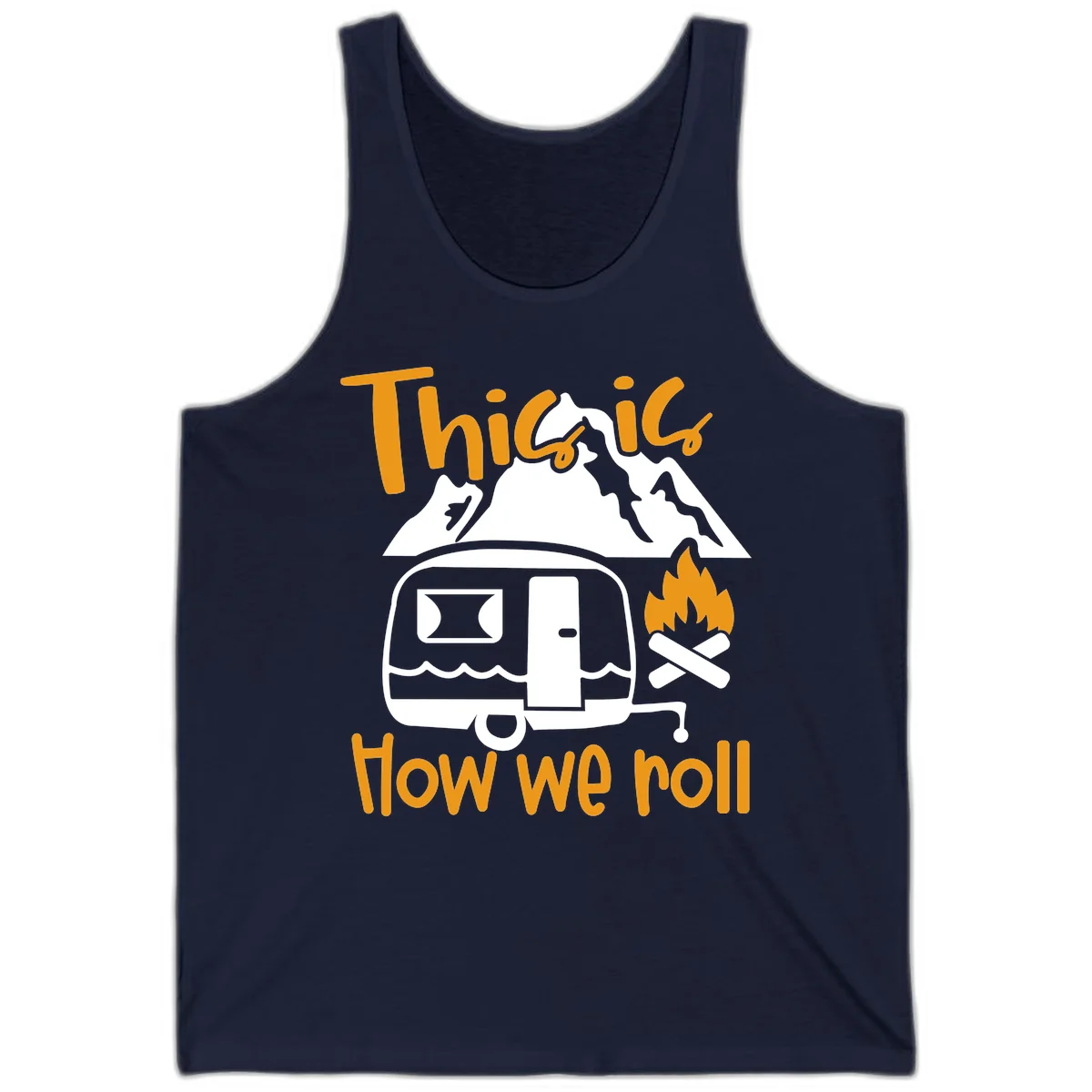 Vintage travel trailer with campfire and mountains, text reads 'This is how we roll' - camping lifestyle illustration in Navy