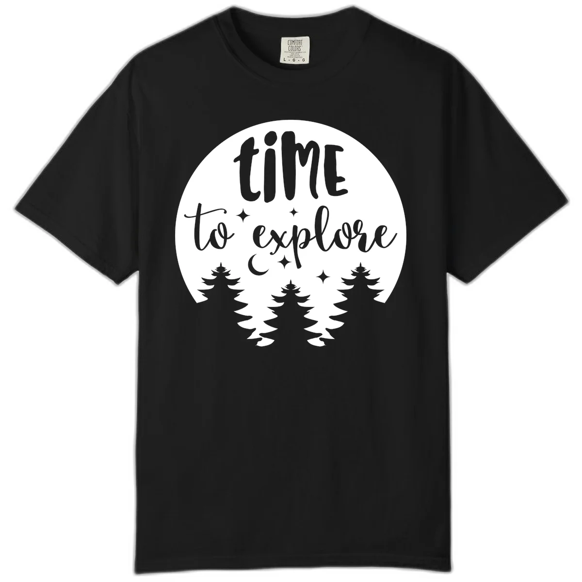 Circular design with 'time to explore' text, crescent moon, pine trees, and stars in gray on white background in Black