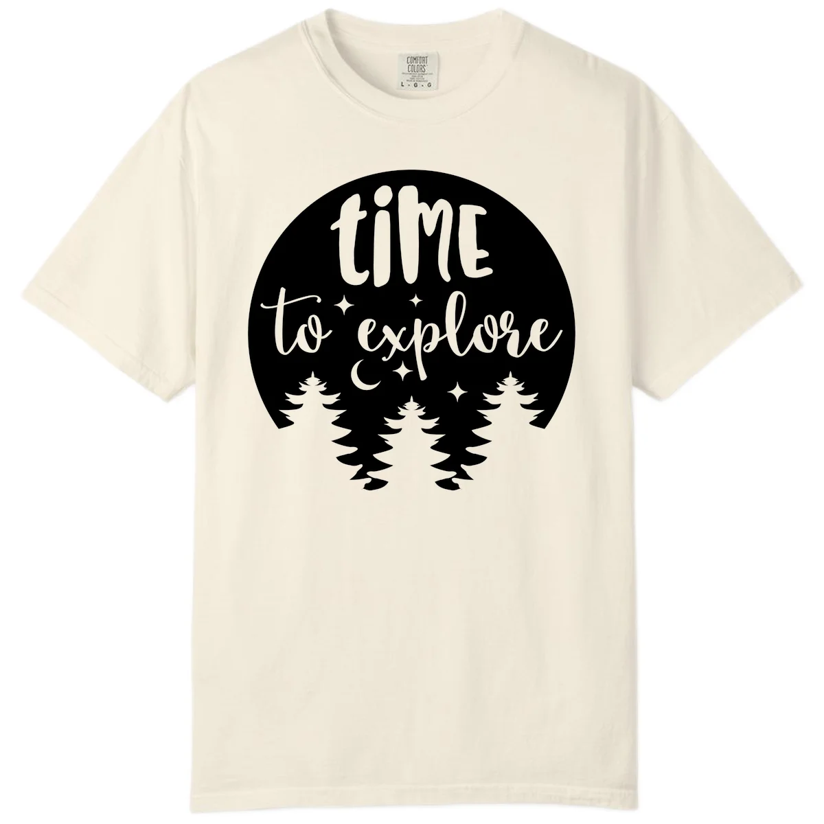 Circular design with 'time to explore' text, crescent moon, pine trees, and stars in gray on white background in Ivory