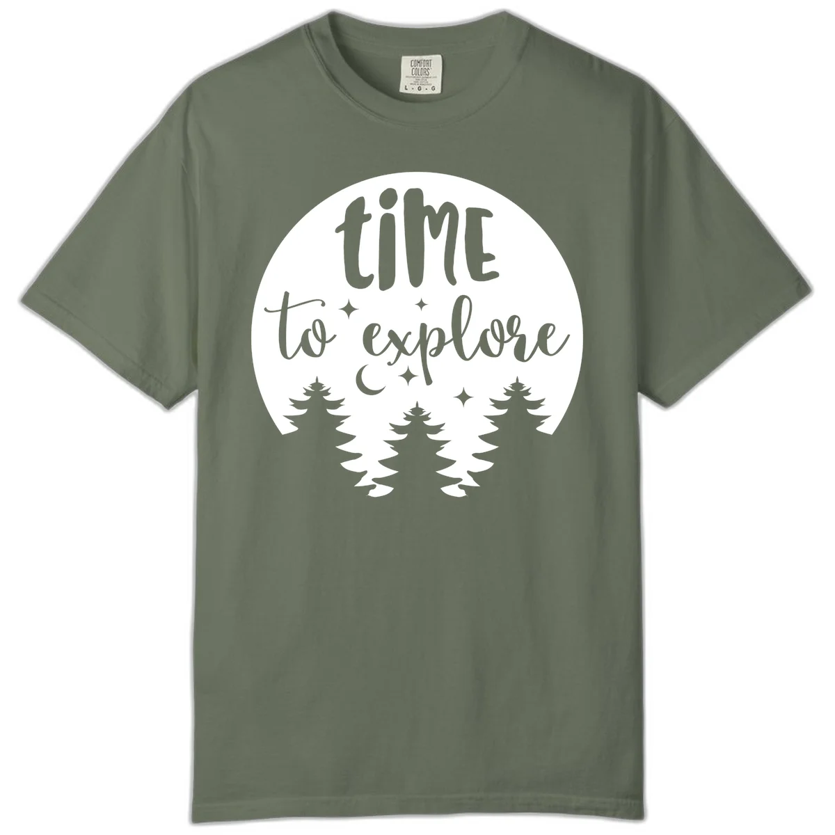 Circular design with 'time to explore' text, crescent moon, pine trees, and stars in gray on white background in Moss