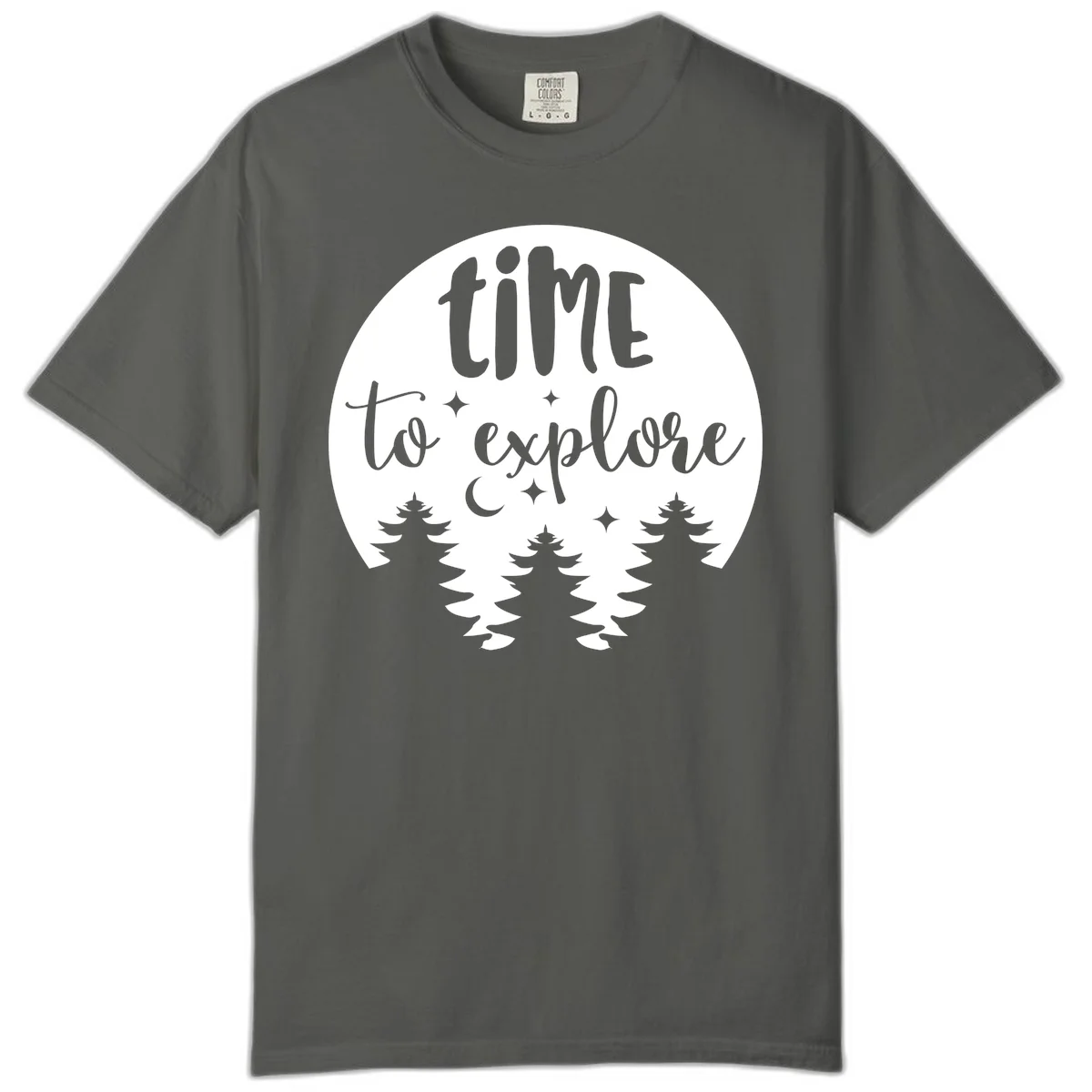 Circular design with 'time to explore' text, crescent moon, pine trees, and stars in gray on white background in Pepper