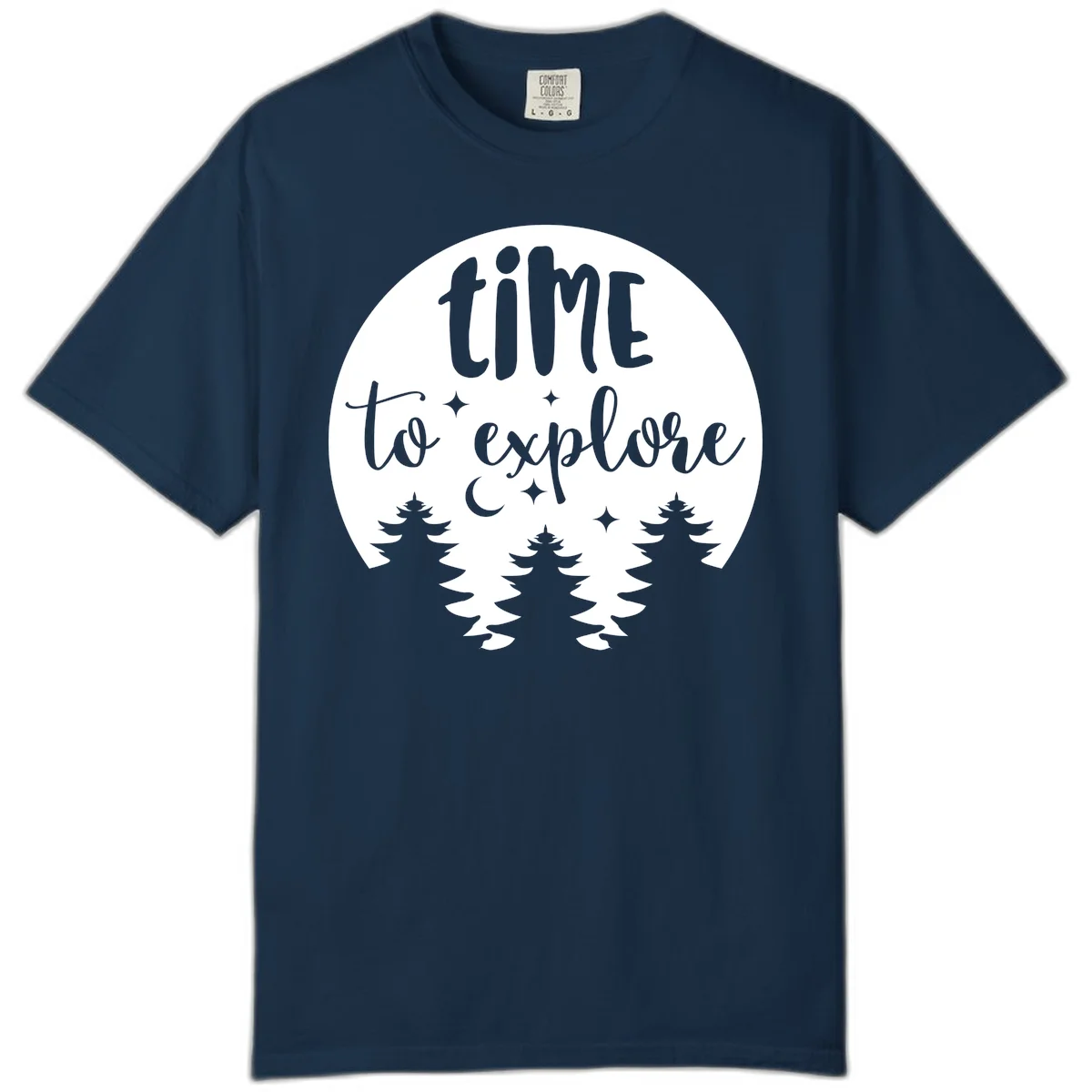 Circular design with 'time to explore' text, crescent moon, pine trees, and stars in gray on white background in True Navy