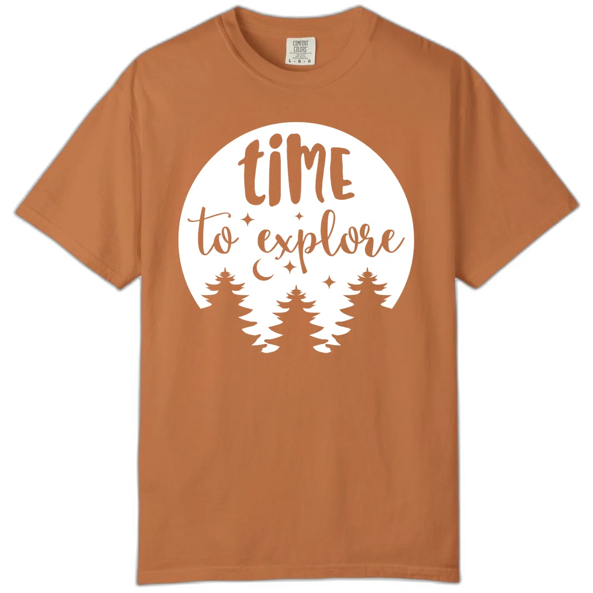 Circular design with 'time to explore' text, crescent moon, pine trees, and stars in gray on white background in Yam