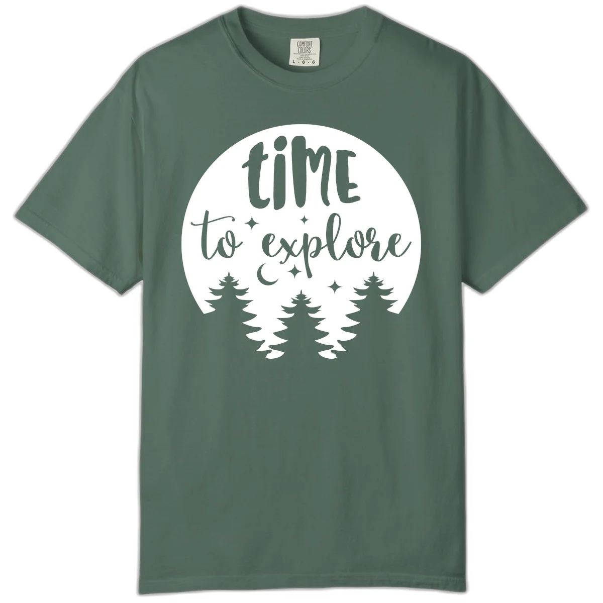 Circular design with 'time to explore' text, crescent moon, pine trees, and stars in gray on white background in Blue Spruce