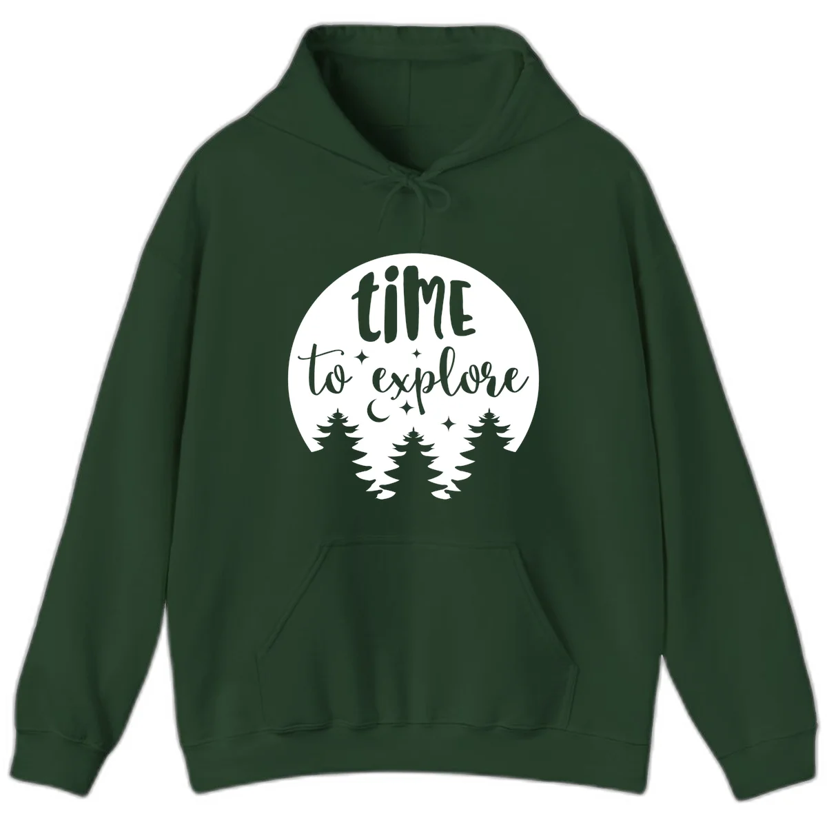 Circular design with 'time to explore' text, crescent moon, pine trees, and stars in gray on white background in Forest Green