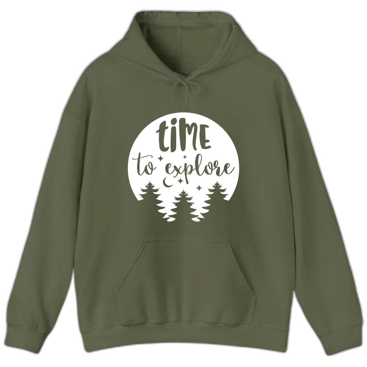Circular design with 'time to explore' text, crescent moon, pine trees, and stars in gray on white background in Military Green