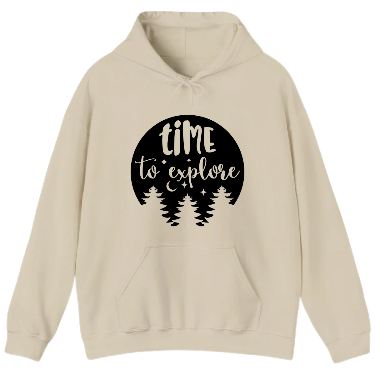Circular design with 'time to explore' text, crescent moon, pine trees, and stars in gray on white background in Sand