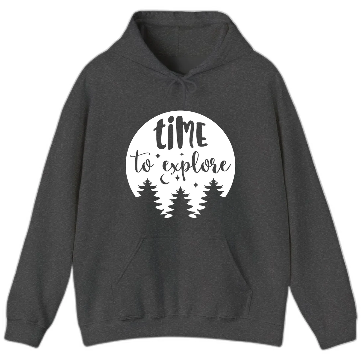 Circular design with 'time to explore' text, crescent moon, pine trees, and stars in gray on white background in Dark Heather