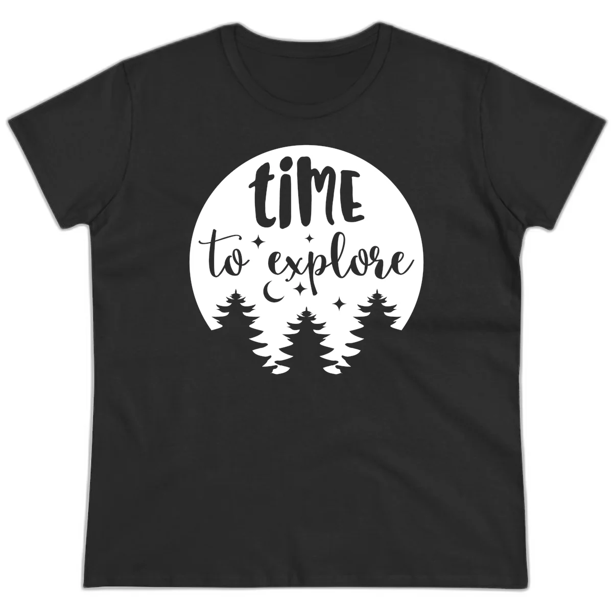 Circular design with 'time to explore' text, crescent moon, pine trees, and stars in gray on white background in Black