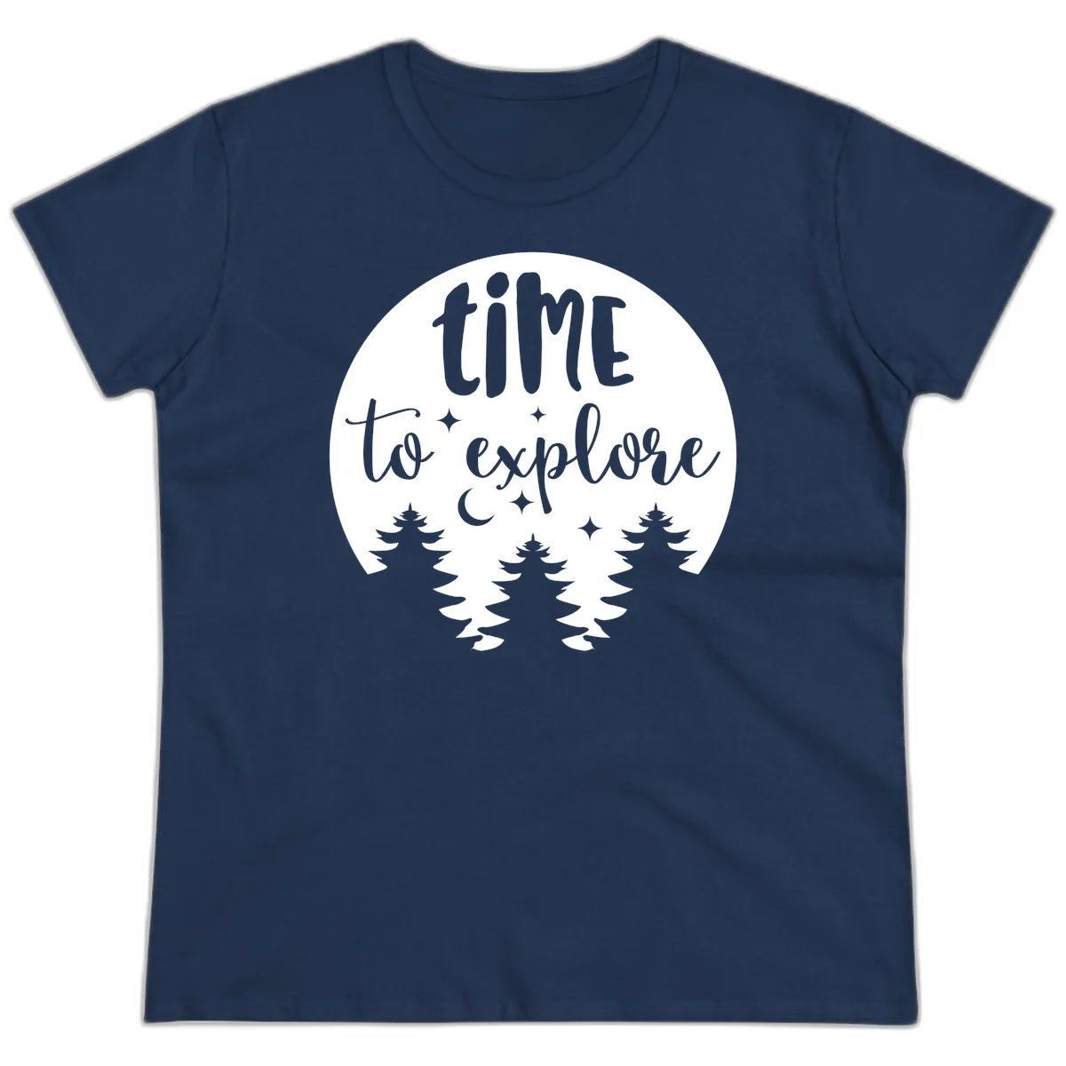 Circular design with 'time to explore' text, crescent moon, pine trees, and stars in gray on white background in Navy