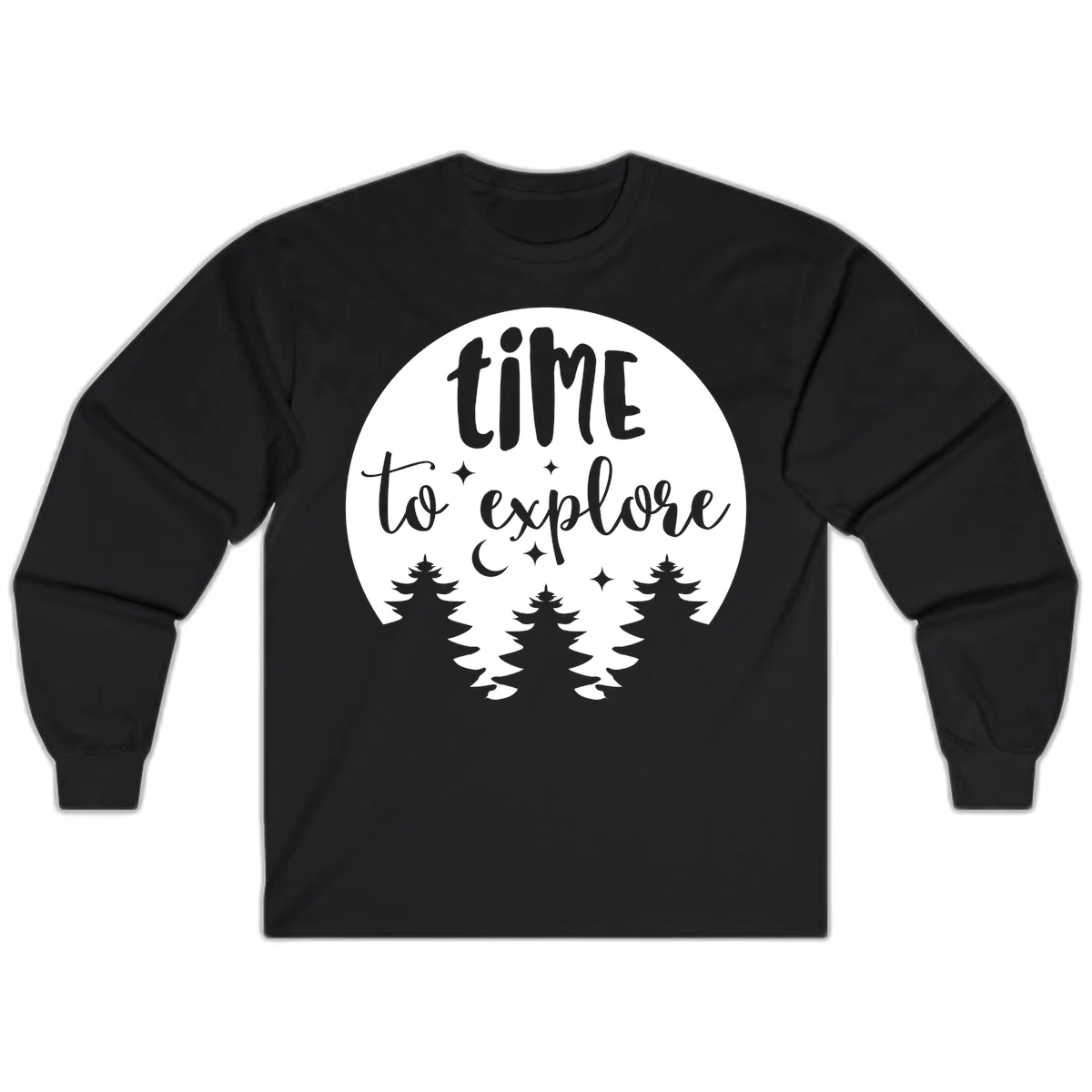 Circular design with 'time to explore' text, crescent moon, pine trees, and stars in gray on white background in Black