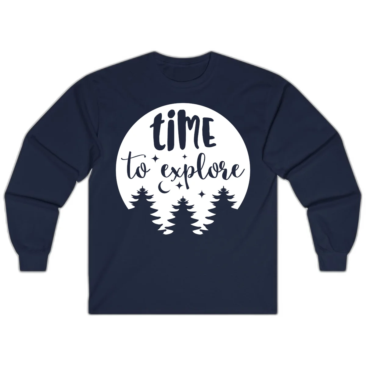 Circular design with 'time to explore' text, crescent moon, pine trees, and stars in gray on white background in Navy