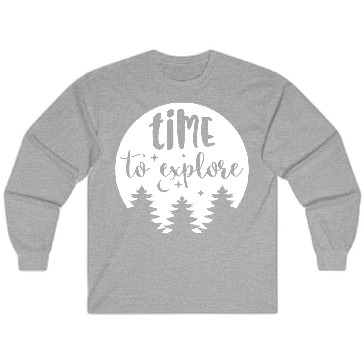 Circular design with 'time to explore' text, crescent moon, pine trees, and stars in gray on white background in Sport Grey