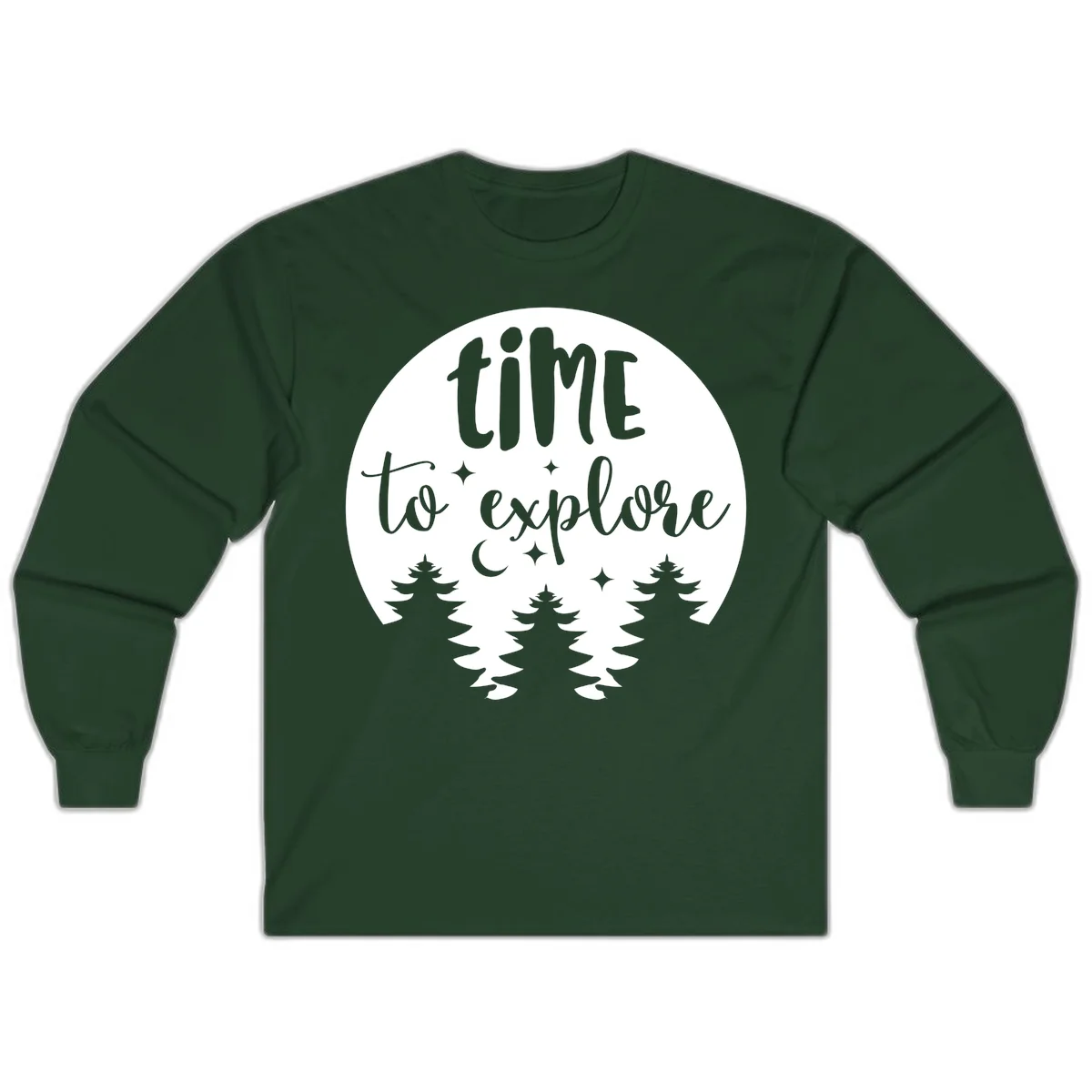 Circular design with 'time to explore' text, crescent moon, pine trees, and stars in gray on white background in Forest Green