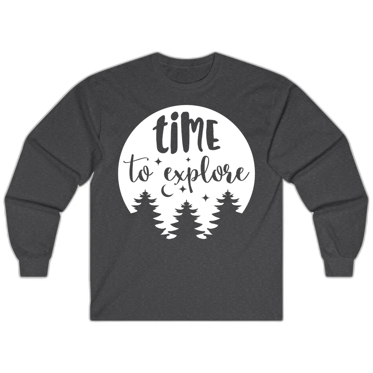 Circular design with 'time to explore' text, crescent moon, pine trees, and stars in gray on white background in Dark Heather
