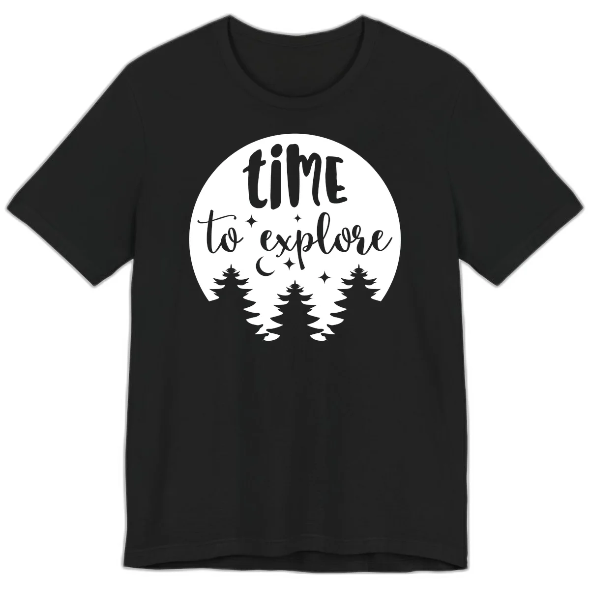 Circular design with 'time to explore' text, crescent moon, pine trees, and stars in gray on white background in Black