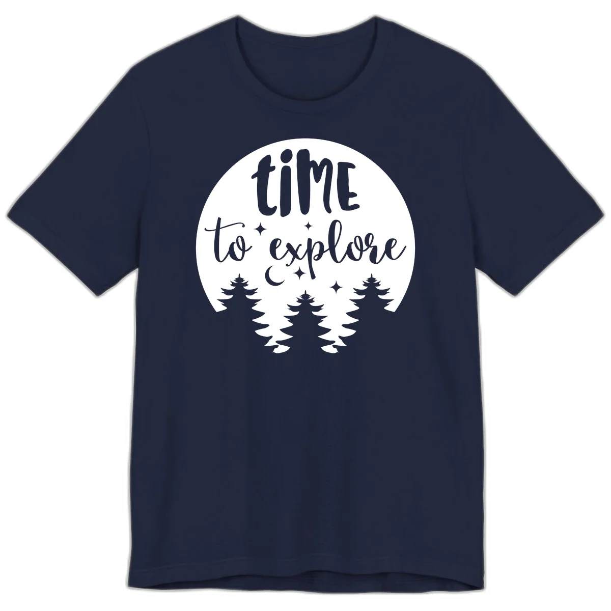 Circular design with 'time to explore' text, crescent moon, pine trees, and stars in gray on white background in Navy