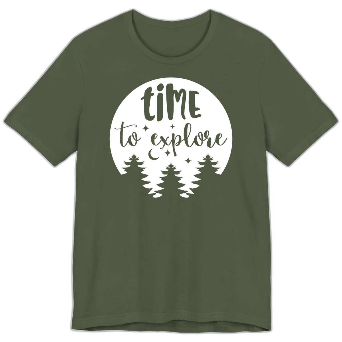 Circular design with 'time to explore' text, crescent moon, pine trees, and stars in gray on white background in Military Green