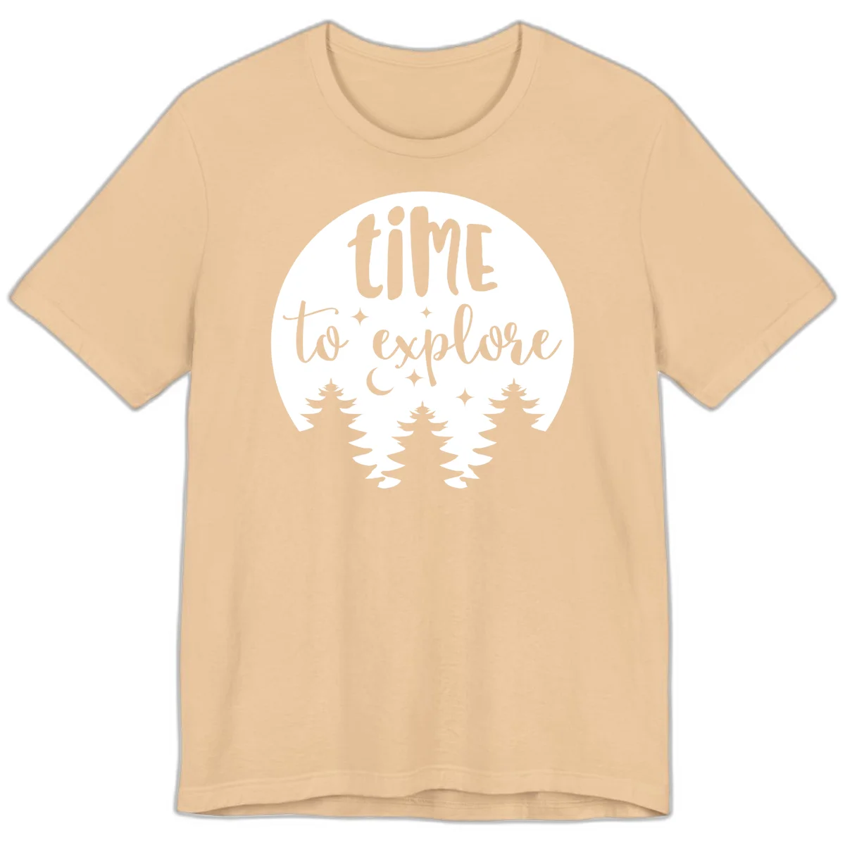 Circular design with 'time to explore' text, crescent moon, pine trees, and stars in gray on white background in Sand Dune