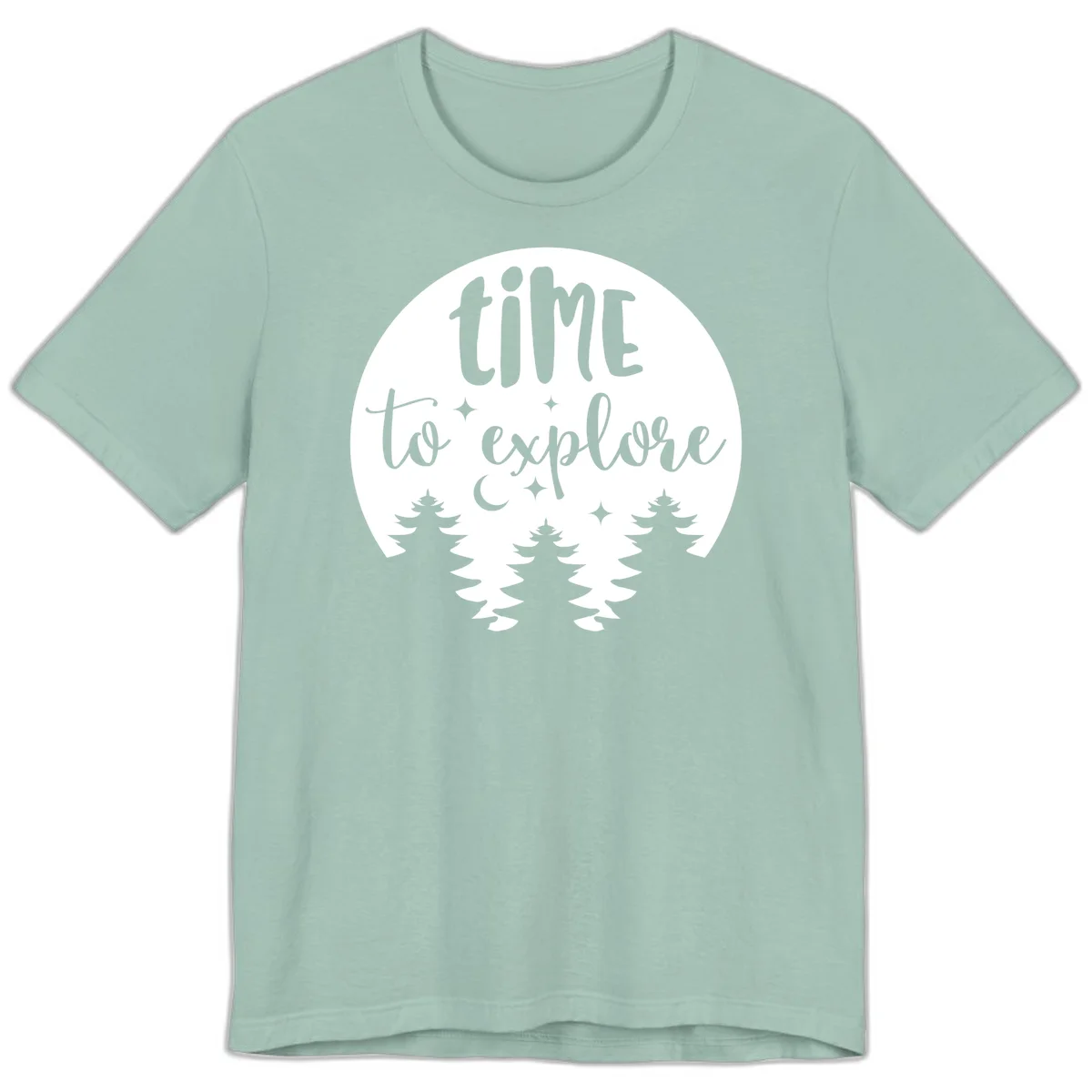 Circular design with 'time to explore' text, crescent moon, pine trees, and stars in gray on white background in Dusty Blue