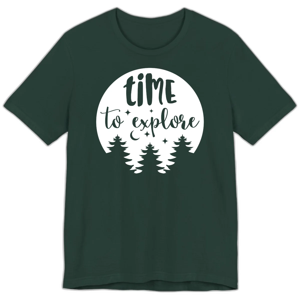Circular design with 'time to explore' text, crescent moon, pine trees, and stars in gray on white background in Forest