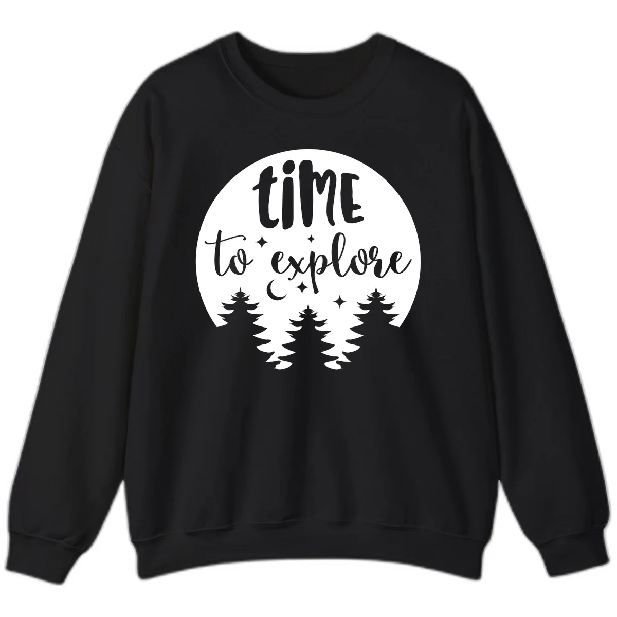 Circular design with 'time to explore' text, crescent moon, pine trees, and stars in gray on white background in Black