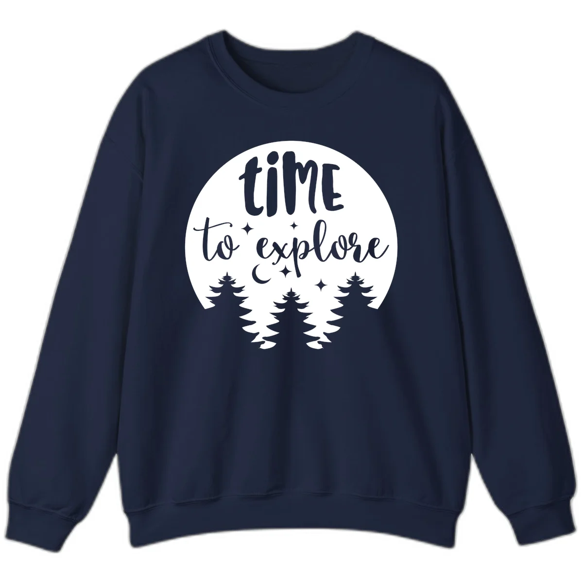 Circular design with 'time to explore' text, crescent moon, pine trees, and stars in gray on white background in Navy