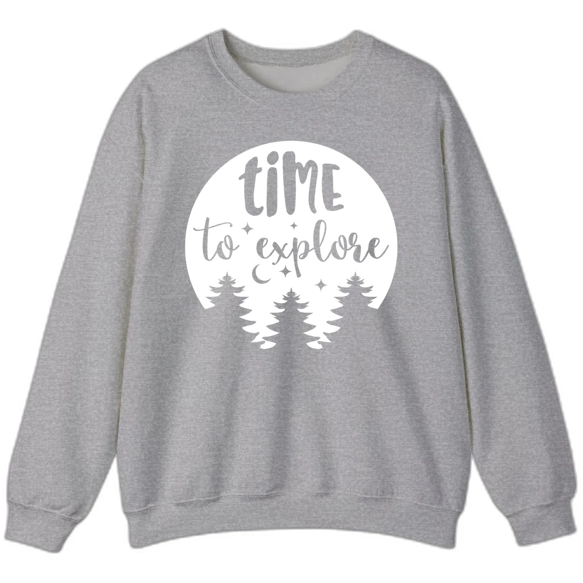 Circular design with 'time to explore' text, crescent moon, pine trees, and stars in gray on white background in Sport Grey