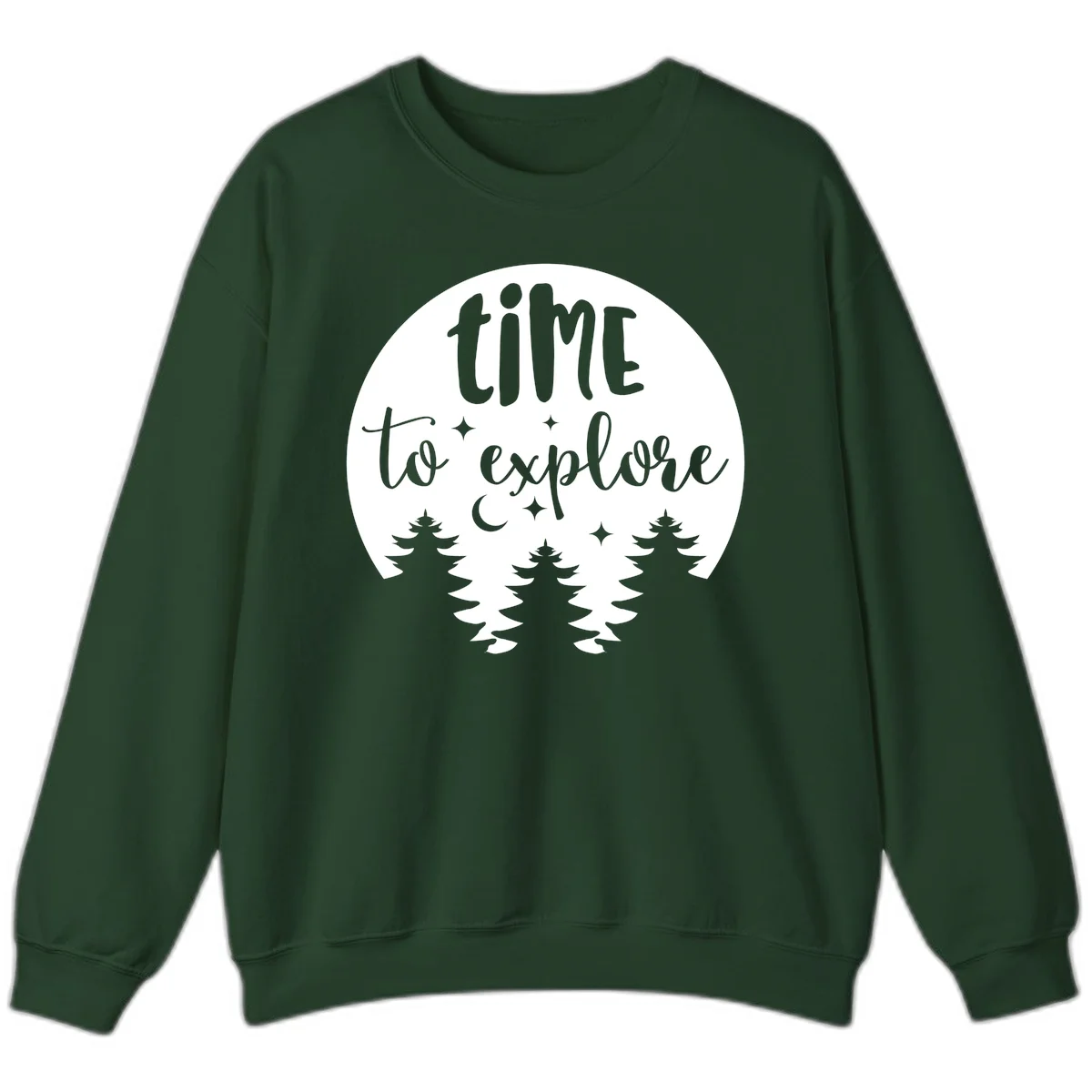 Circular design with 'time to explore' text, crescent moon, pine trees, and stars in gray on white background in Forest Green