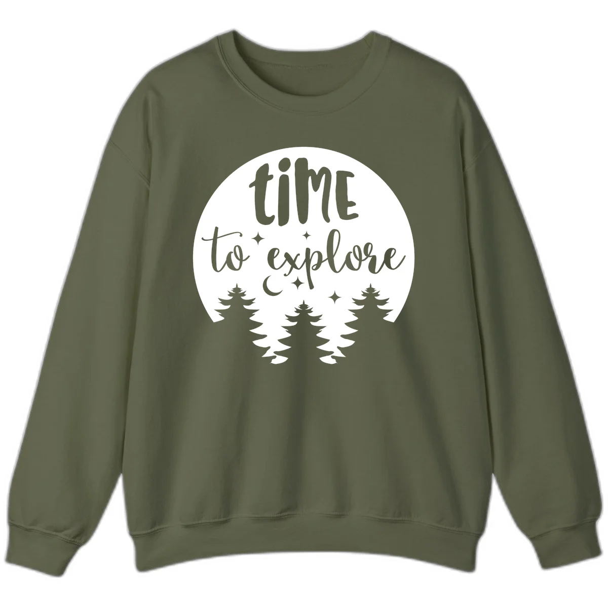Circular design with 'time to explore' text, crescent moon, pine trees, and stars in gray on white background in Military Green