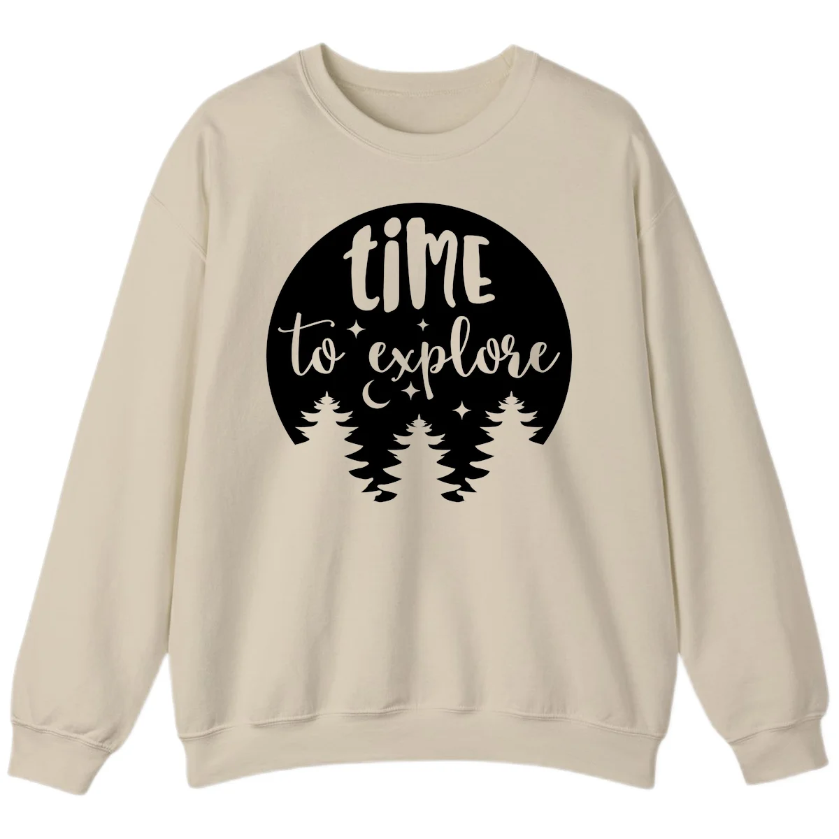 Circular design with 'time to explore' text, crescent moon, pine trees, and stars in gray on white background in Sand