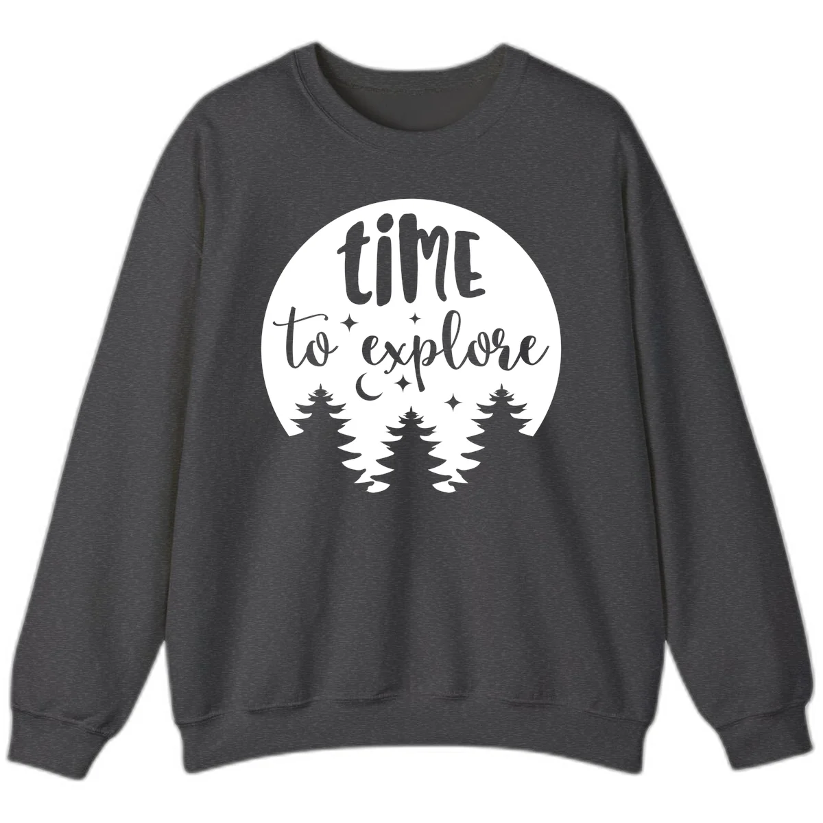 Circular design with 'time to explore' text, crescent moon, pine trees, and stars in gray on white background in Dark Heather