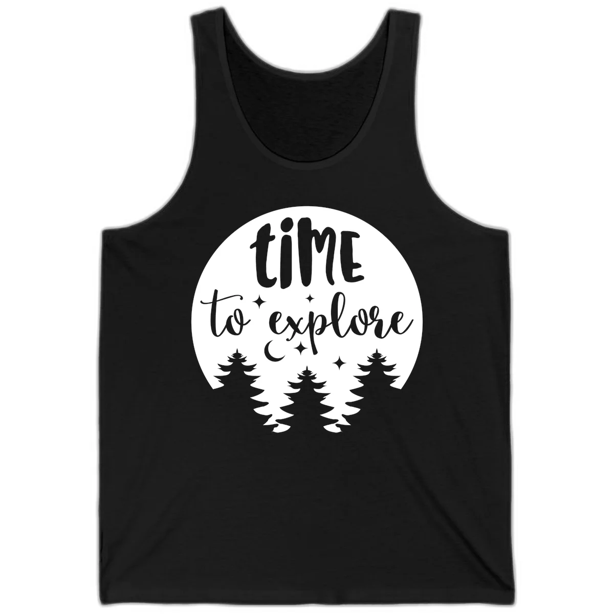 Circular design with 'time to explore' text, crescent moon, pine trees, and stars in gray on white background in Black