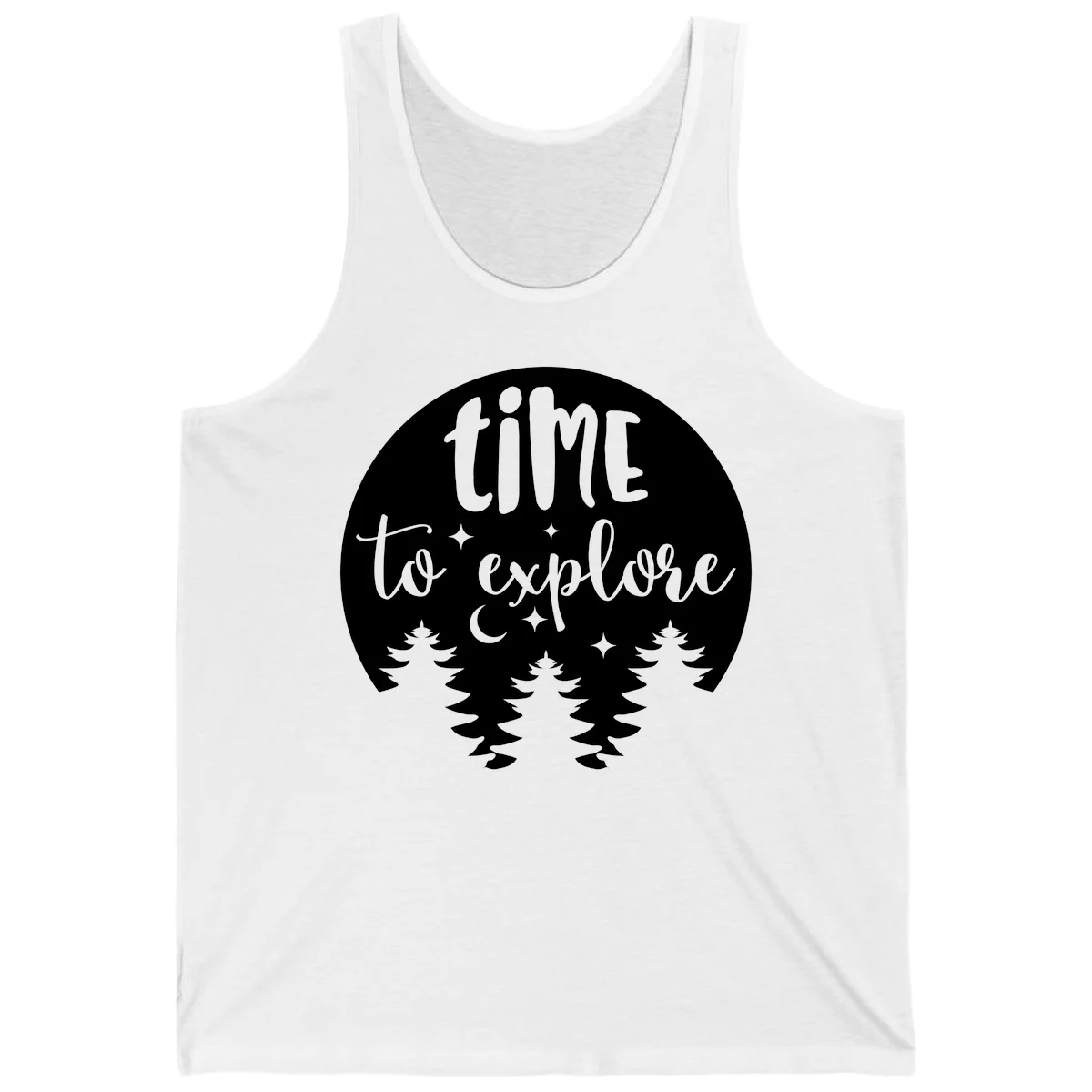 Circular design with 'time to explore' text, crescent moon, pine trees, and stars in gray on white background in White