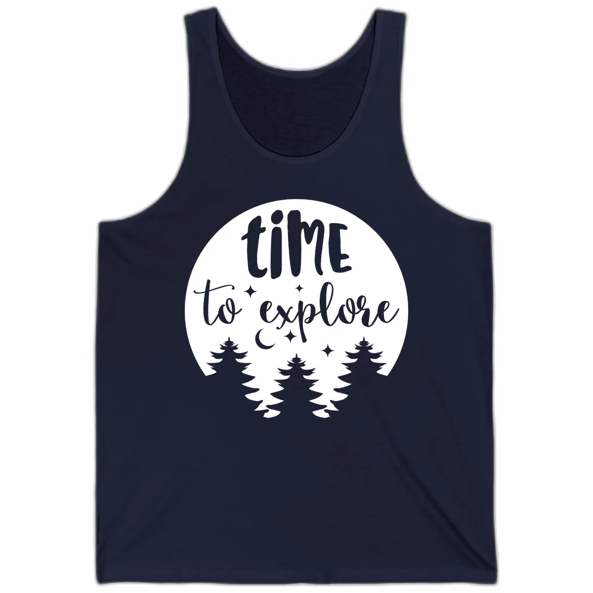 Circular design with 'time to explore' text, crescent moon, pine trees, and stars in gray on white background in Navy