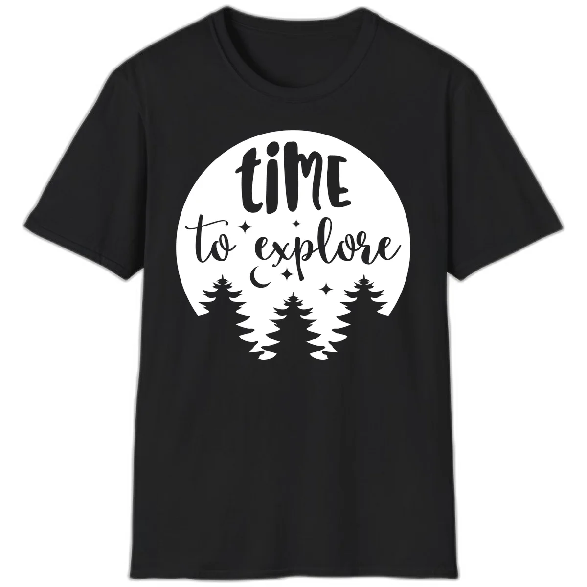 Circular design with 'time to explore' text, crescent moon, pine trees, and stars in gray on white background in Black