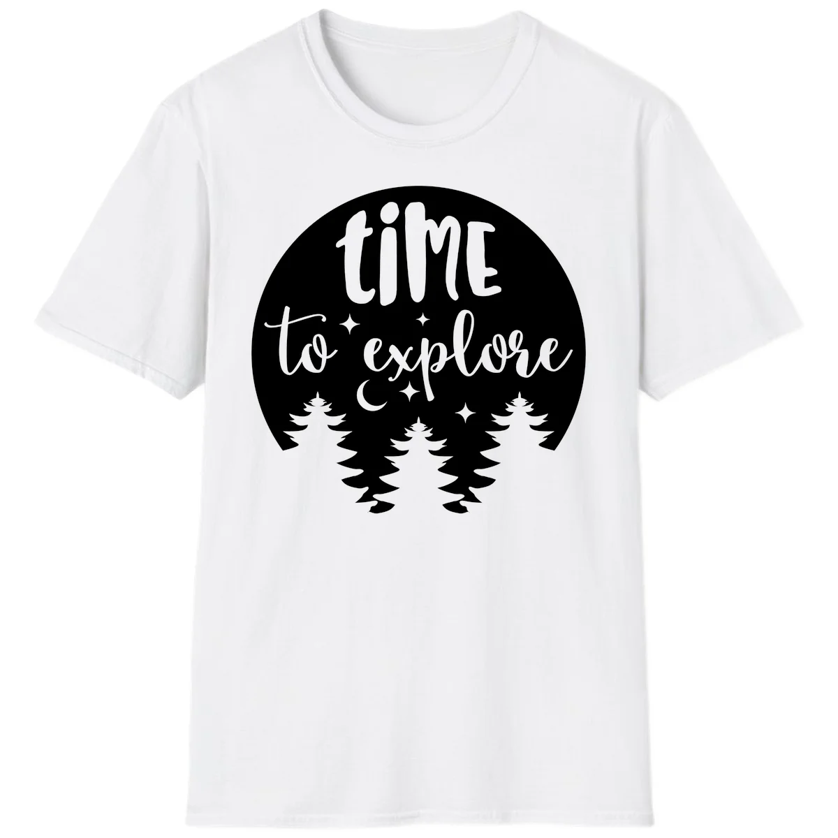 Circular design with 'time to explore' text, crescent moon, pine trees, and stars in gray on white background in White