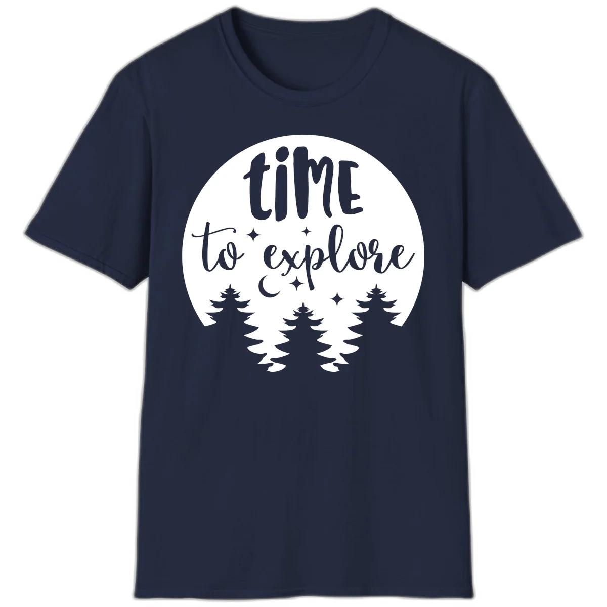 Circular design with 'time to explore' text, crescent moon, pine trees, and stars in gray on white background in Navy