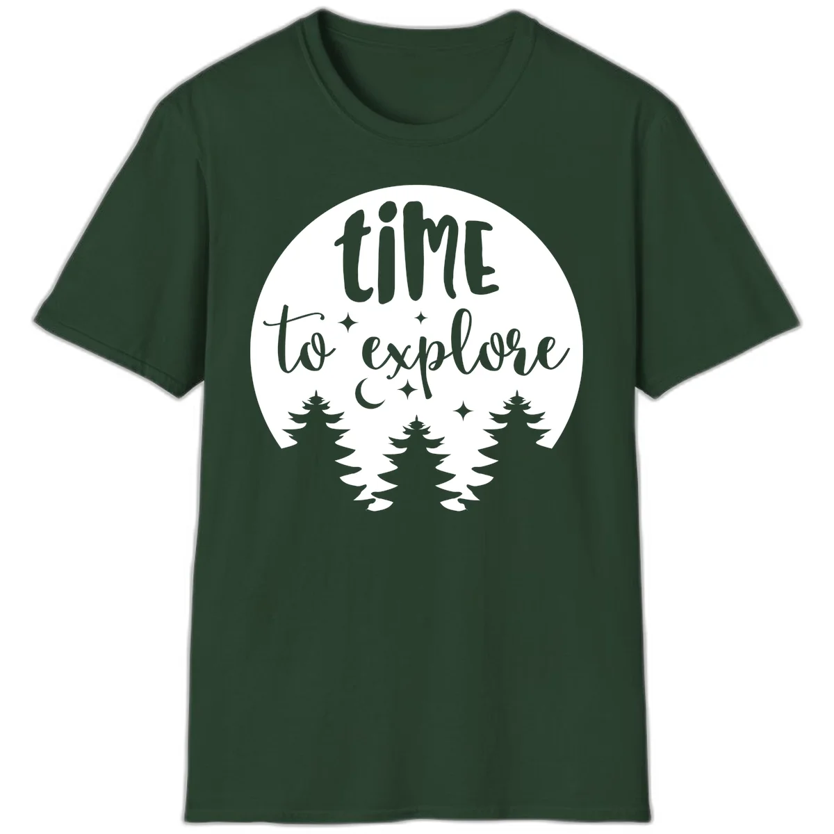 Circular design with 'time to explore' text, crescent moon, pine trees, and stars in gray on white background in Forest Green