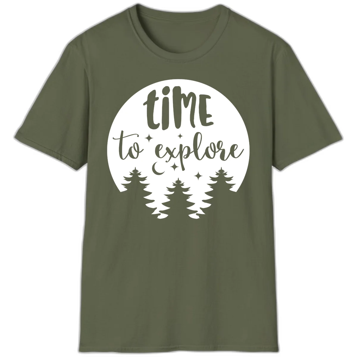 Circular design with 'time to explore' text, crescent moon, pine trees, and stars in gray on white background in Military Green