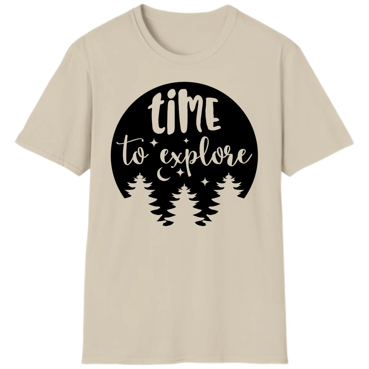 Circular design with 'time to explore' text, crescent moon, pine trees, and stars in gray on white background in Sand