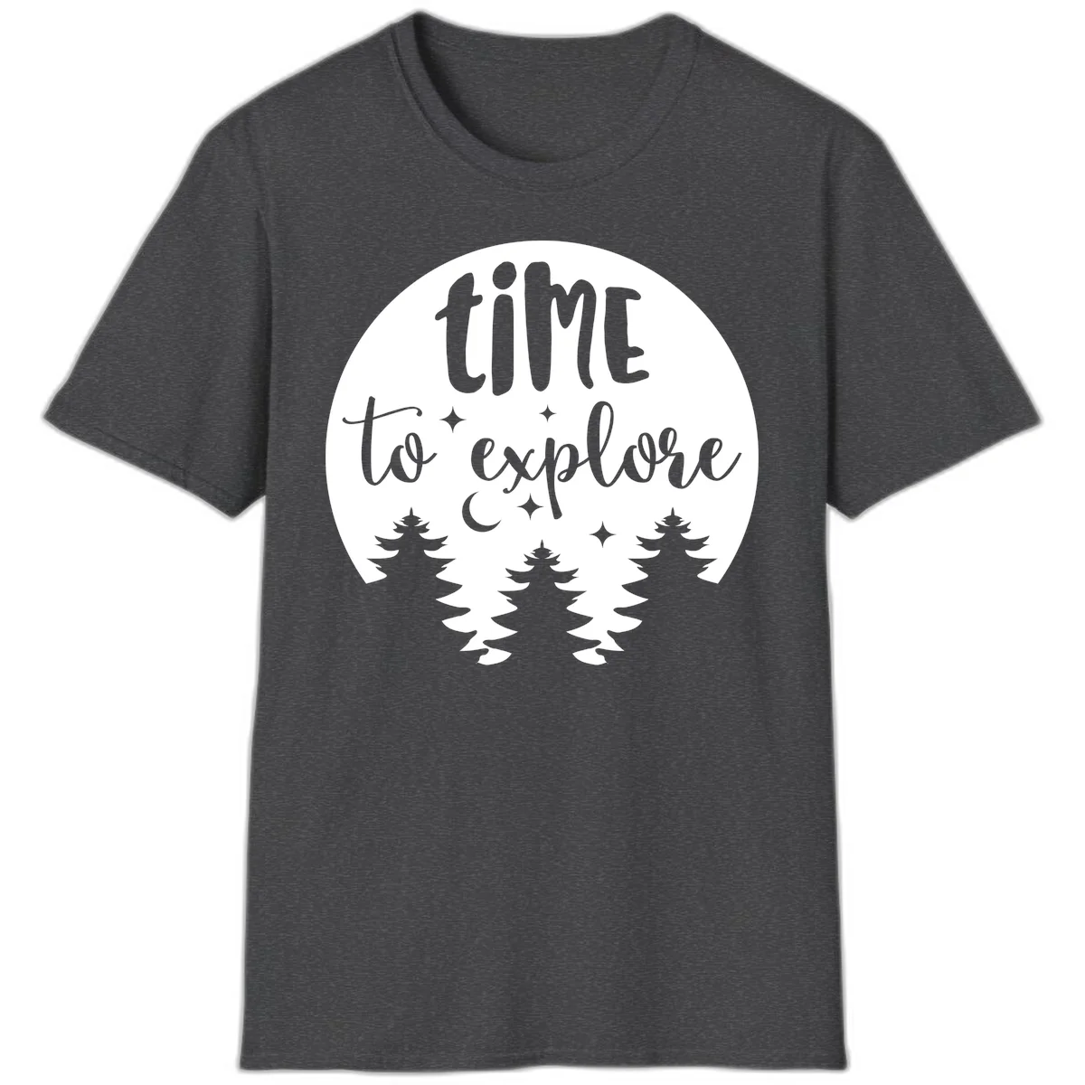 Circular design with 'time to explore' text, crescent moon, pine trees, and stars in gray on white background in Dark Heather