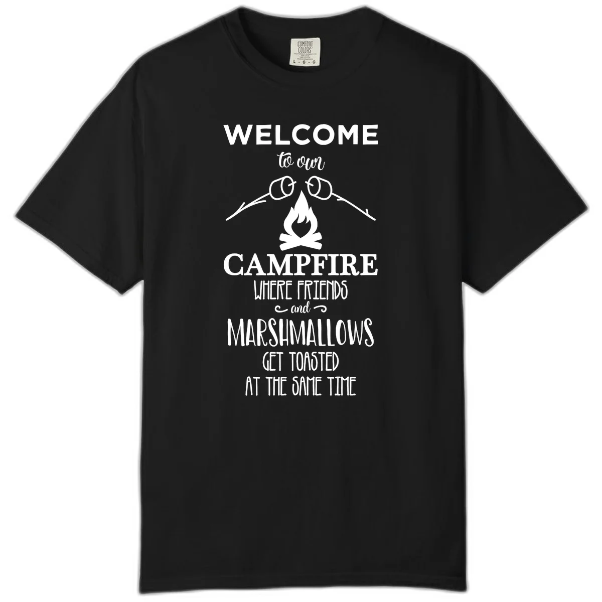 Campfire design with roasting sticks and marshmallows, welcoming text about friends and toasted marshmallows in Black