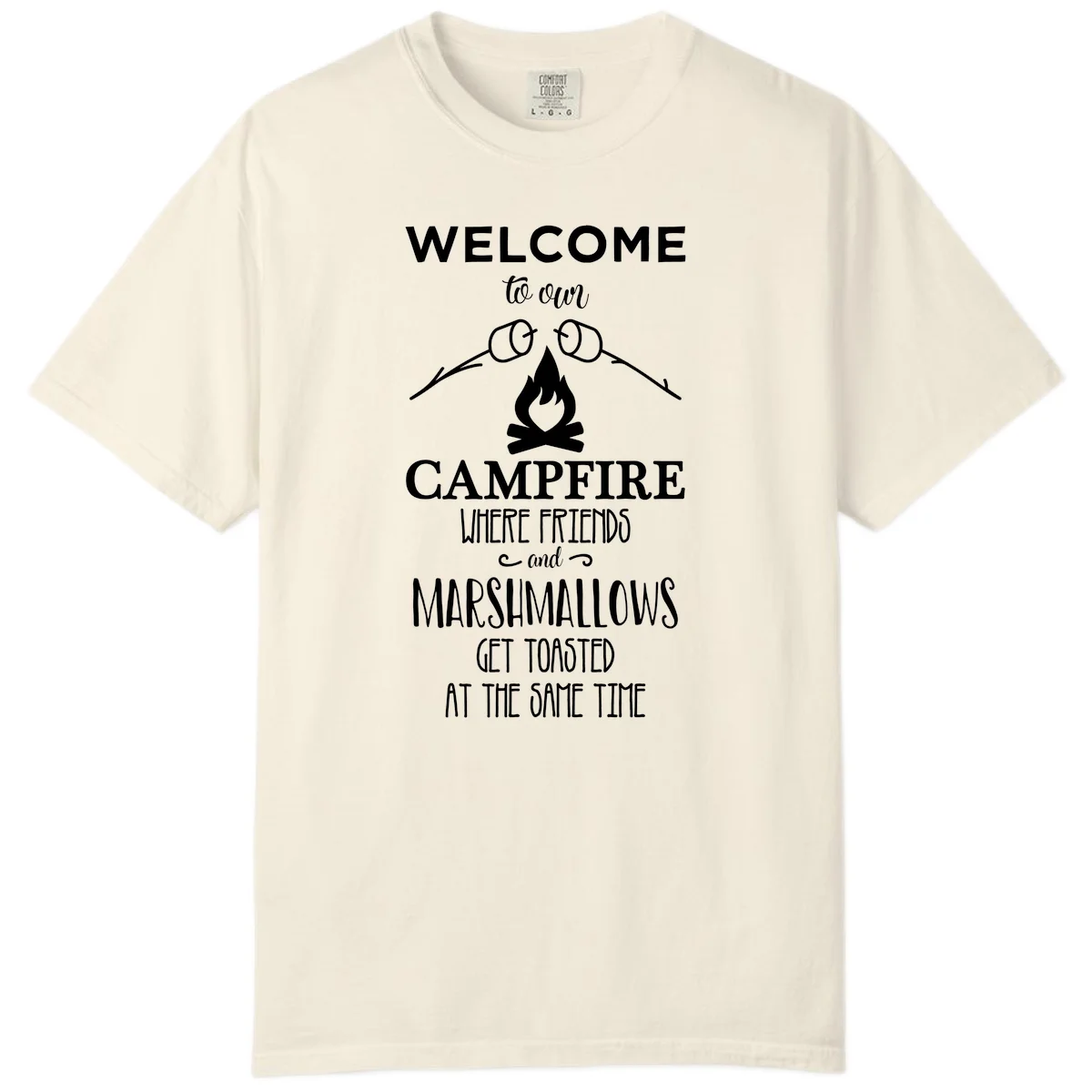 Campfire design with roasting sticks and marshmallows, welcoming text about friends and toasted marshmallows in Ivory