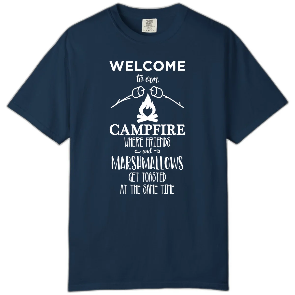 Campfire design with roasting sticks and marshmallows, welcoming text about friends and toasted marshmallows in True Navy