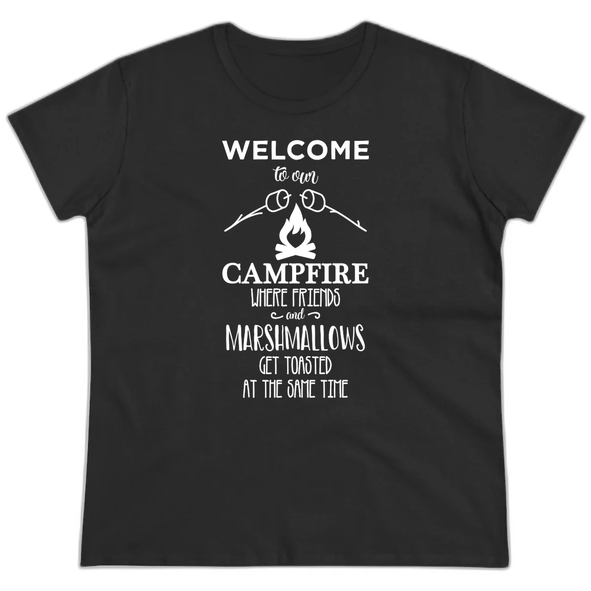 Campfire design with roasting sticks and marshmallows, welcoming text about friends and toasted marshmallows in Black